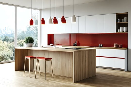 Modern Kitchen Interior: A stylish, contemporary kitchen with a minimalist design featuring sleek cabinetry, a wooden island, red accents and large windows that fill the space with natural light