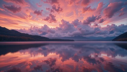 Serene Sunset Over Glossy Lake Surrounded by Majestic Mountains
