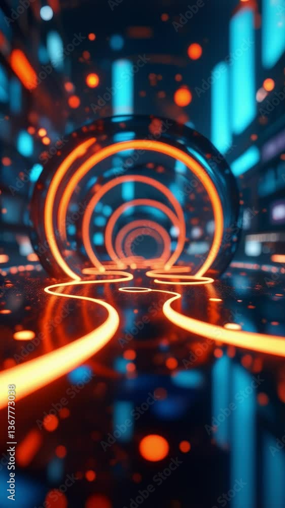 Poster Abstract Digital Artwork of Glowing Orange and Blue Circular Patterns in a Futuristic Concept of Light Emission and Depth Perception