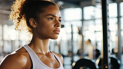 A determined female athlete pushes her limits in a sleek, contemporary gym setting.