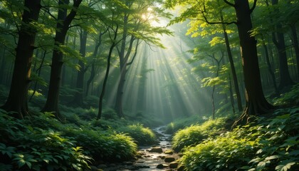 Fototapeta premium Sunlight Breaking Through Lush Green Forest Canopy and Stream