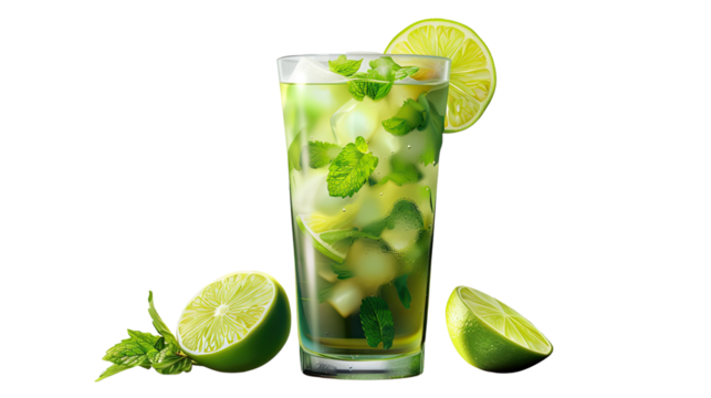Refreshing Mojito: A tall glass of mojito, filled with fresh mint, ice cubes, and lime slices. The drink is a perfect embodiment of refreshment and summer vibes.