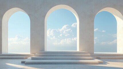 A tranquil space with arches and steps leading to a bright, cloud-filled horizon