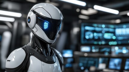A futuristic white humanoid robot in a high tech control room setting.