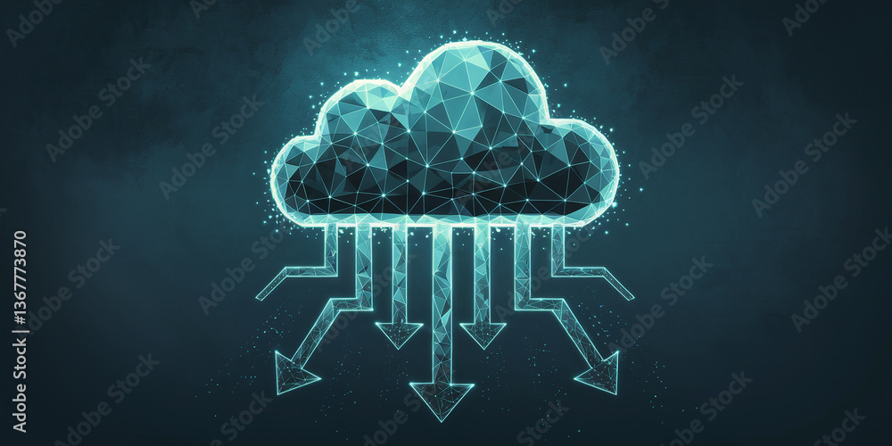Poster abstract polygonal cloud icon with downward arrows, representing data storage, transfer, or distribu