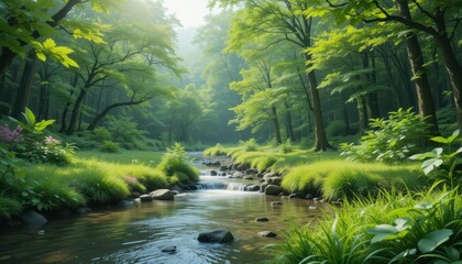 Fototapeta premium Serene Forest Landscape with Stream and Lush Green Foliage