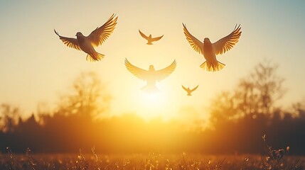 Fototapeta premium Birds in Flight at Sunset Hope Freedom Peace Nature