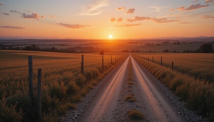 Serene Country Road at Sunset with Lush Fields and Warm Sky