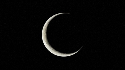 Striking crescent moon, against a star-filled black sky, outer space view.