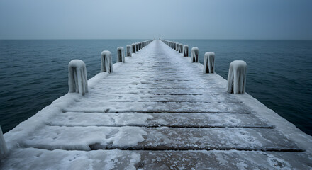 Fototapeta premium Icy embrace: A pier's silent journey into the winter sea landscape