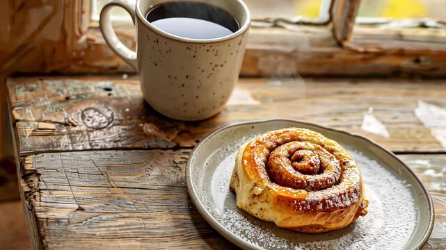 Cinnamon bun and steaming coffee on rustic table by window, evoking Swedish tradition of fika, moment to pause, enjoy treats, and connect. Concept of mindfulness, coziness, and cultural rituals