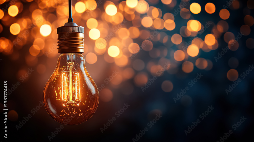 Aufkleber light bulb hanging from a string. the light bulb is lit up and the background is blurry
