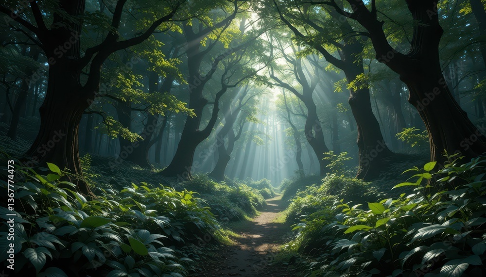 Poster enchanted forest path with sunlight filtering through trees