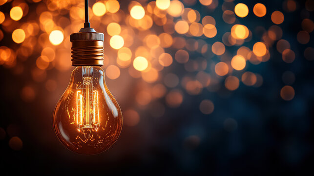 Light bulb hanging from a string. The light bulb is lit up and the background is blurry
