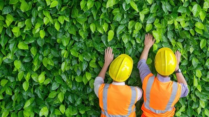 Two workers in hard hats inspect a lush green wall of foliage, promoting sustainability and environmental consciousness, Green Technology.