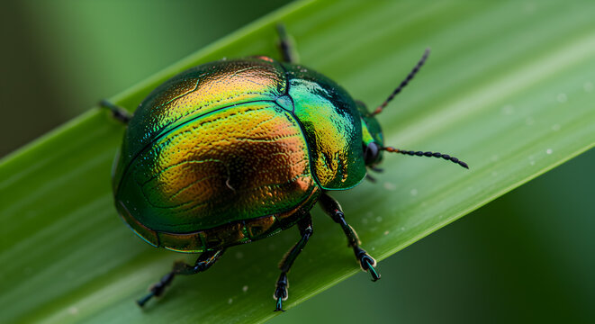 Iridescent elegance: A close-up of a golden tortoise beetle on a leaf