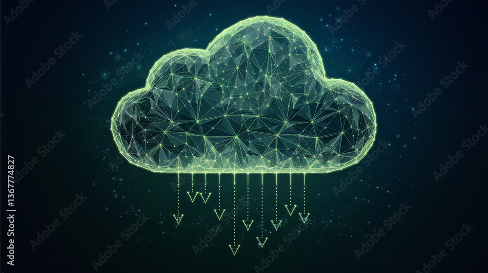 Poster abstract polygonal cloud with downward-pointing arrows, symbolizing data storage, transfer, or netwo