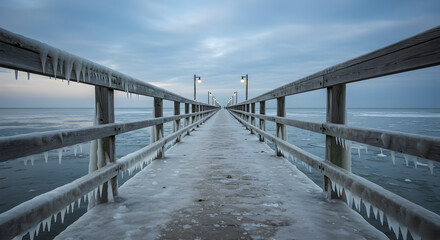Naklejka premium Icy embrace: A pier stretching into the tranquil winter sea horizon at dusk