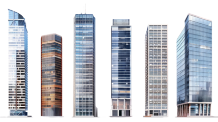 Modern Skyline: a row of impressive skyscrapers with various architectural styles rise against the backdrop of a clear sky, each reflecting the city's vibrant energy.