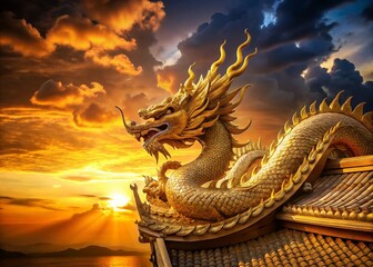 Fototapeta premium Majestic Dragon Slumbering on a Golden Palace Rooftop - Architectural Fantasy