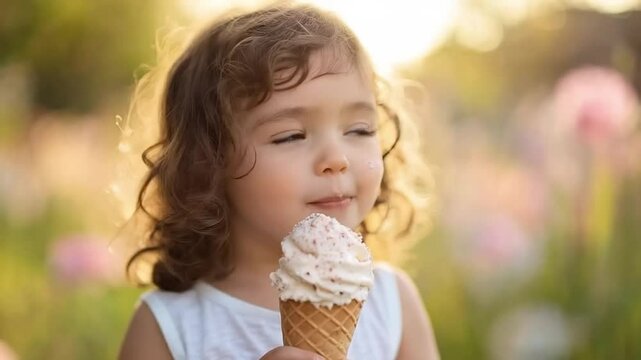 Smiling girl enjoying sweet dessert, happy mood