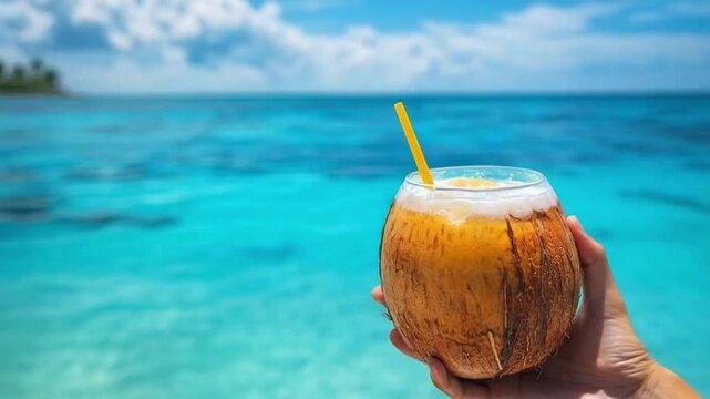Tropical drink in hand, refreshing mood, overlooking turquoise ocean and beach.
