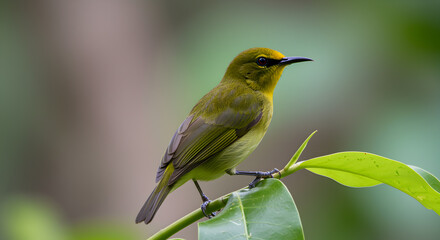 Fototapeta premium Golden-fronted Leafbird perched serenely amidst lush foliage, showcasing avian beauty