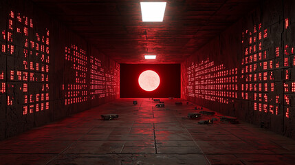 Futuristic dark sci fi corridor with glowing red lights, mysterious machines and a large red sun at the end of the hallway.