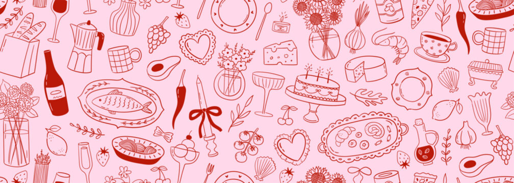 Naklejki Seamless vector banner with hand drawn whimsical illustrations of food and drinks. Background with doodle drawings of italian and french food, cocktails, flowers and decor. Coquette line art pattern