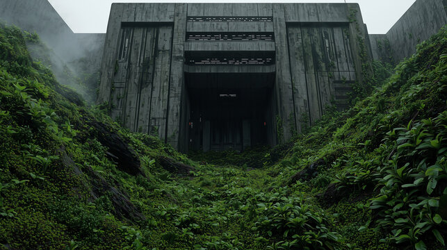 Abandoned concrete structure overtaken by dense green vegetation and moss in a misty post-apocalyptic setting.