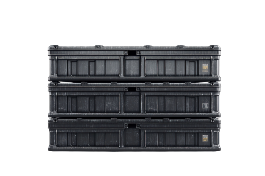 Three Sturdy Black Storage Containers Stacked High, Ready For Organization And Adventure, Showcasing A Minimalist Yet Dependable Design Isolated on Transparent Background
