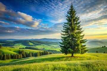 Obraz premium Majestic Fir Tree in Rolling Green Hills - Serene Countryside Landscape