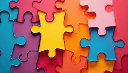 Obraz premium Colorful puzzle pieces on a vibrant background with a yellow piece in focus and copy space