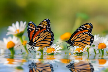 Fototapeta premium Two monarch butterflies on white daisies reflected in calm water, showcasing nature's beauty and serenity, ideal for spring or nature themes