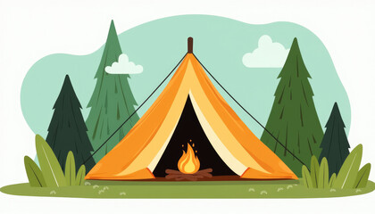 Illustrated camping tent with a campfire surrounded by trees and clouds in the background with copy space
