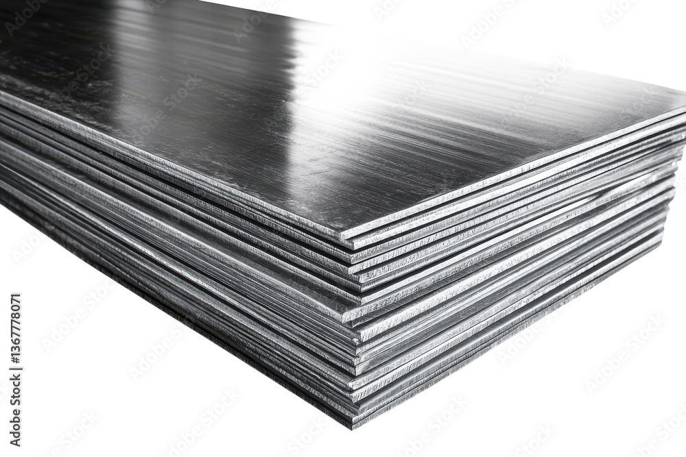 Poster a gleaming stack of metallic sheets, a testament to industrial precision and strength, reflecting li