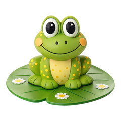 Fototapeta premium A cheerful frog figurine with large eyes and a smiling face, perched on a green lily pad adorned with white daisies.