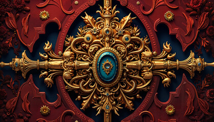Ornate golden decorative emblem with turquoise accents set against a rich red background, copy space