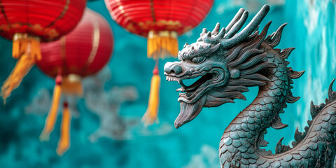 Fototapeta premium Close-up of a detailed dragon statue, teal and bronze tones, against a blurred background of red lanterns, suggesting Chinese culture and tradition