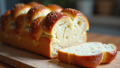 Freshly baked artisanal bread on a wooden surface with soft texture and golden crust