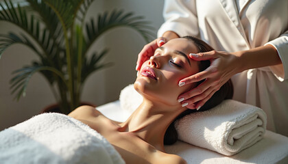 Woman receiving a relaxing facial massage in a spa environment with soft lighting