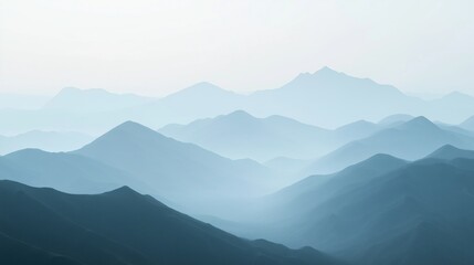A serene landscape view of hazy, misty mountain ranges, rendered in muted shades of gray-blue and pale beige