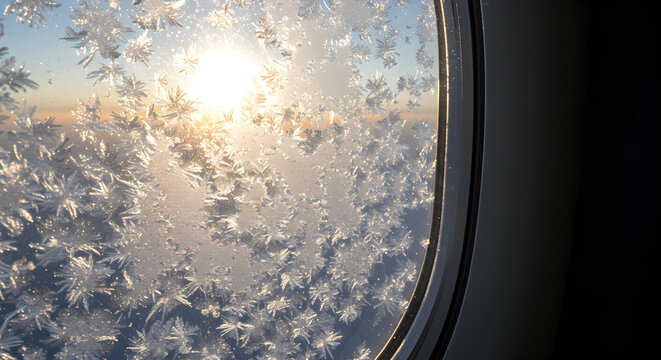 Intricate frost patterns forming on the window of an aircraft at dawn