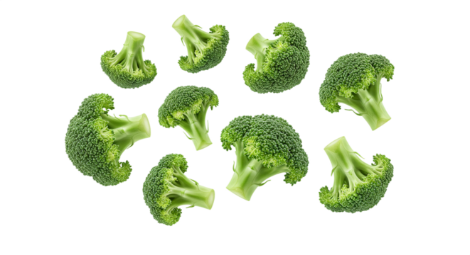 Brócoli esparcidos volando sobre fondo blanco o png transparente.