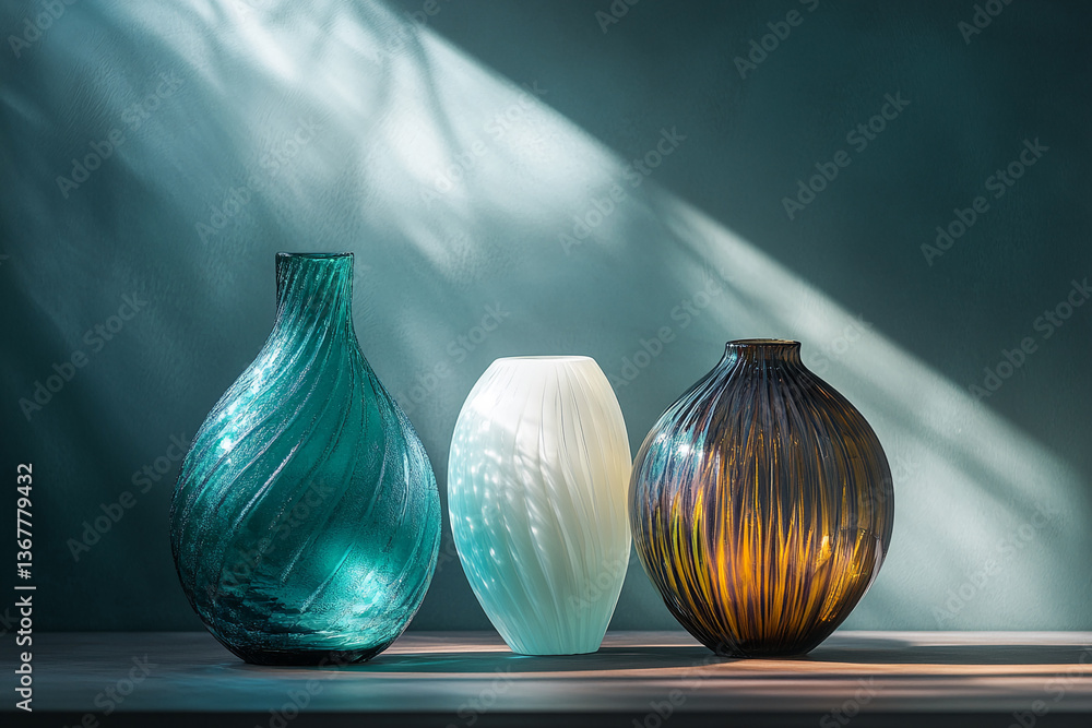 Poster three glass vases with textured surfaces sit on a wooden surface against a teal wall, illuminated by