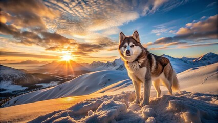 Fototapeta premium Majestic Husky Laika Dog Aerial View, Winter Landscape Drone Photography