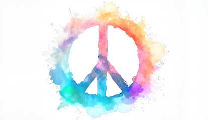 Colorful watercolor painting of a peace symbol with vibrant splashes