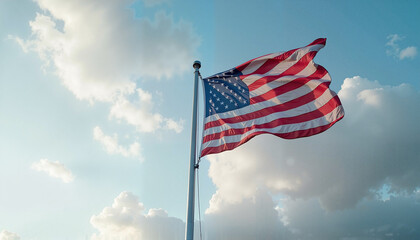 American flag waving against a blue sky with clouds and copy space