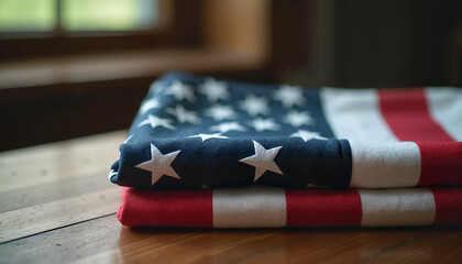 Folded American flag with stars and stripes on a wooden table near a window