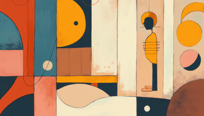 Abstract colorful painting featuring a figure with geometric shapes and vibrant colors